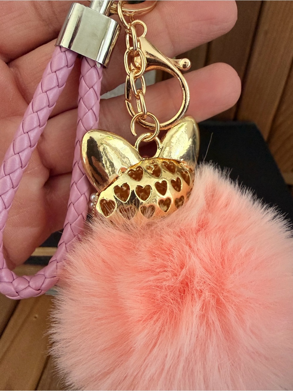 Pink Fox Pom Pom Keychain, Kawaii Coquette Purse Charm Braided Wristlet - Picture 4 of 4